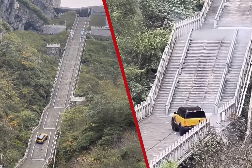 Iba a ser épico y terminó en fail: un SUV eléctrico chino quiso copiar la subida de las escaleras más largas del mundo. Se la pegó