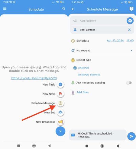 Wasavi app for scheduling WhatsApp messages