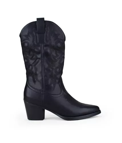 BOSANOVA Bota Estilo Cowboy con Detalle de Costuras Decorativas a Tono en la caña, tacón de 5'5 cm y Cierre con Cremallera Lateral. Calzado para Mujer Negro 39