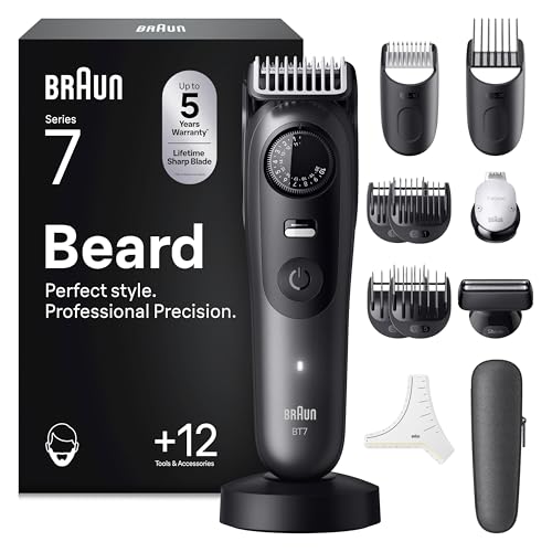 Braun Recortadora de Barba Series 7 BT7545, Barbero Recargable Resistente al Agua, +12 Accesorios para Barba, 120 Min de Autonomía, 40 Longitudes, Lámina Ultra Afilada, Gris