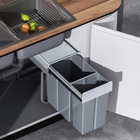 Contenedor de reciclaje para mueble de cocina, Cubo de basura bajo fregadero 10L+20L, fijación inferior y extracción manual cubos extraíbles, con tapa