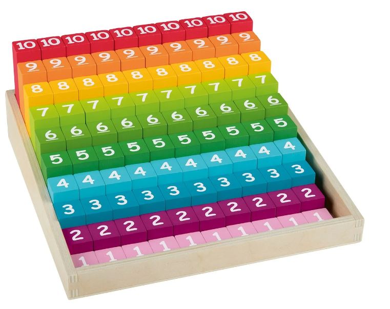 Juego de cálculo arcoíris de madera basado en la pedagogía Montessori.