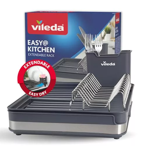 Vileda Escurreplatos de vajilla – Diseño que ahorra espacio con soporte para cubiertos – Bandeja para vajilla extensible, inoxidable y duradera – Perfecto para platos, vasos y otros cubiertos