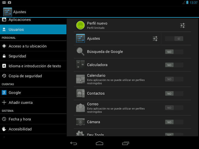 Configuración de restricciones para un perfil limitado en Android 4.3