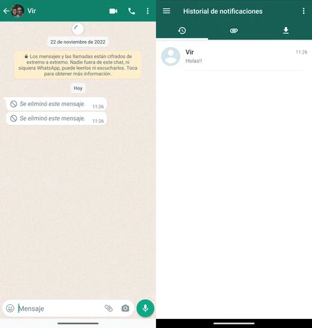 左側は、WhatsApp で削除されたメッセージです。右側は、アプリ内で復元されたメッセージです。