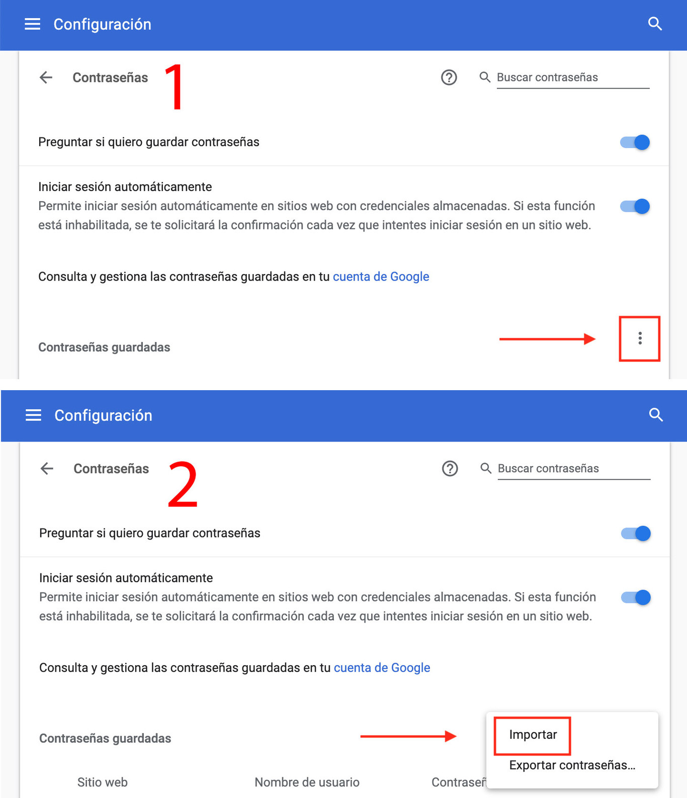 Google Chrome cómo exportar e importar contraseñas