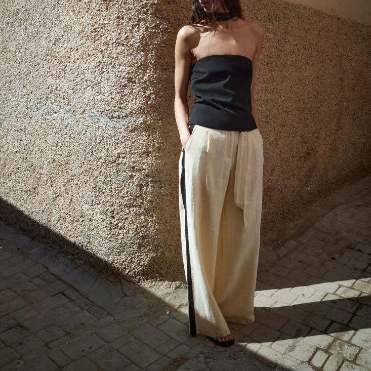 Pantalón lino rayas contraste