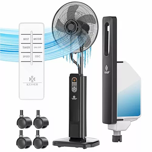 KESSER® Ventilador de pie Frosty con nebulizador de agua ultrasónico, refrigeración por agua, con mando a distancia y función de temporizador, humidificador silencioso, función de niebla, negro