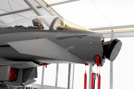 The Eurofighter Typhoon fighter jet with the nose fairing removed, revealing its AESA Euroradar CAPTOR radar antenna.
