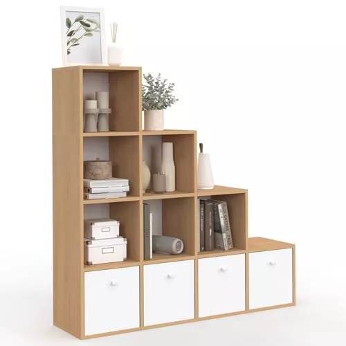 IDMarket – Estantería de escalera LORYS, 4 niveles, madera y blanco con 4 cajones de tela