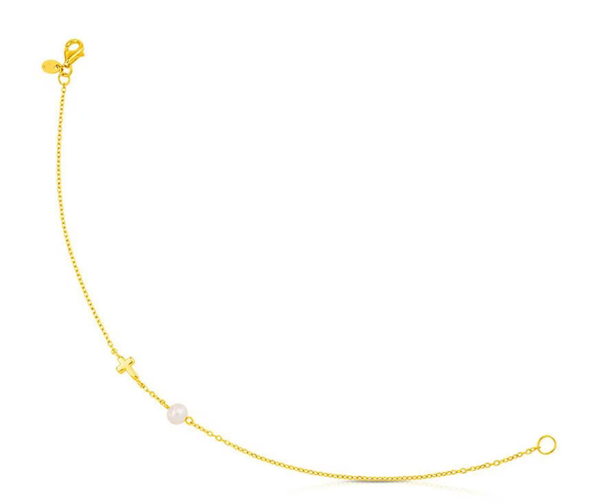 Tous Pulsera Sweet Dolls XXS de oro amarillo con cruz y perla