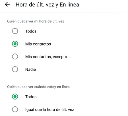 Si desactivas los ajustes de "en línea" ya no aparecerá tu punto verde en WhatsApp