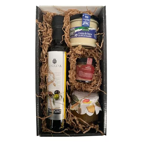 Cesta de productos gourmet con aceite de oliva virgen extra 250 ml en vidrio, Crema de queso, paté ibérico DELIEX en formato de 30 g y mermelada