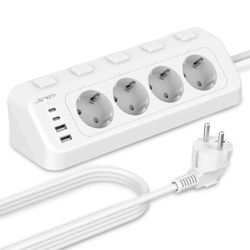 JSVER Regleta de Esquina con USB y 2 Puertos Tipo-C, Enchufes 4 Tomas con Interruptores Individuales