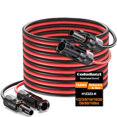 Oududianzi Cable Solar 6mm2 10m, Cable Placa Solar 6mm2 1/2/3/5/10/15/20/30m, Cable Fotovoltaico 6mm2, Extension Panel Solar, Alargador Cable Solar para Paneles Solares (10m Rojo+10m Negro)