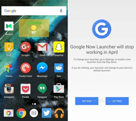 右側は、Google Now ランチャーからのお別れメッセージです。 9to5Google からのキャプチャ