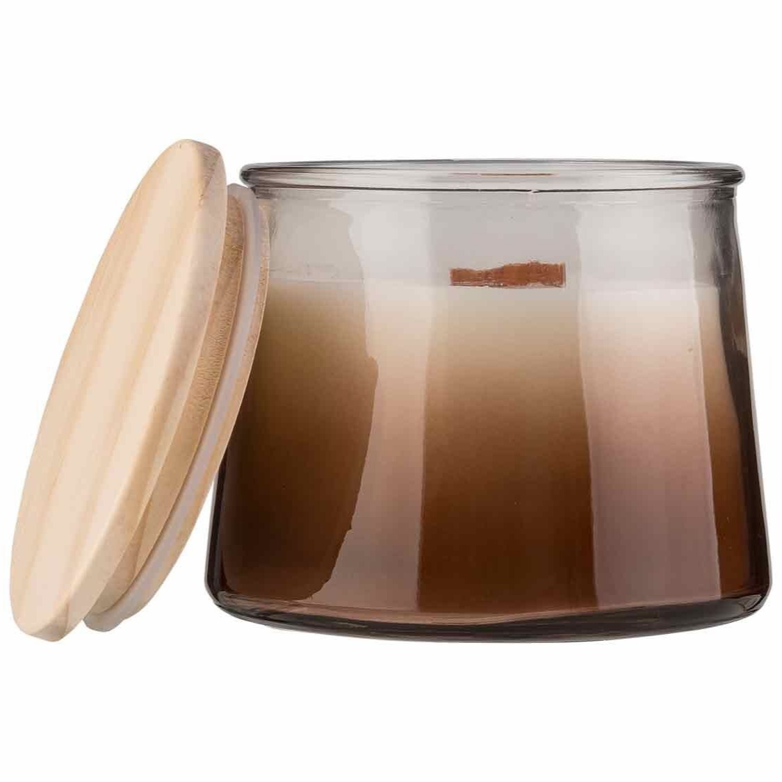 Vela perfumada en vaso con mecha de madera