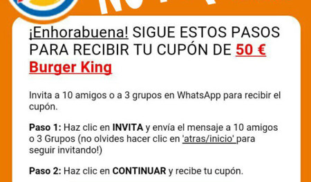 Nueva estafa a través de WhatsApp detectada: el falso cupón de 50 euros de Burger King