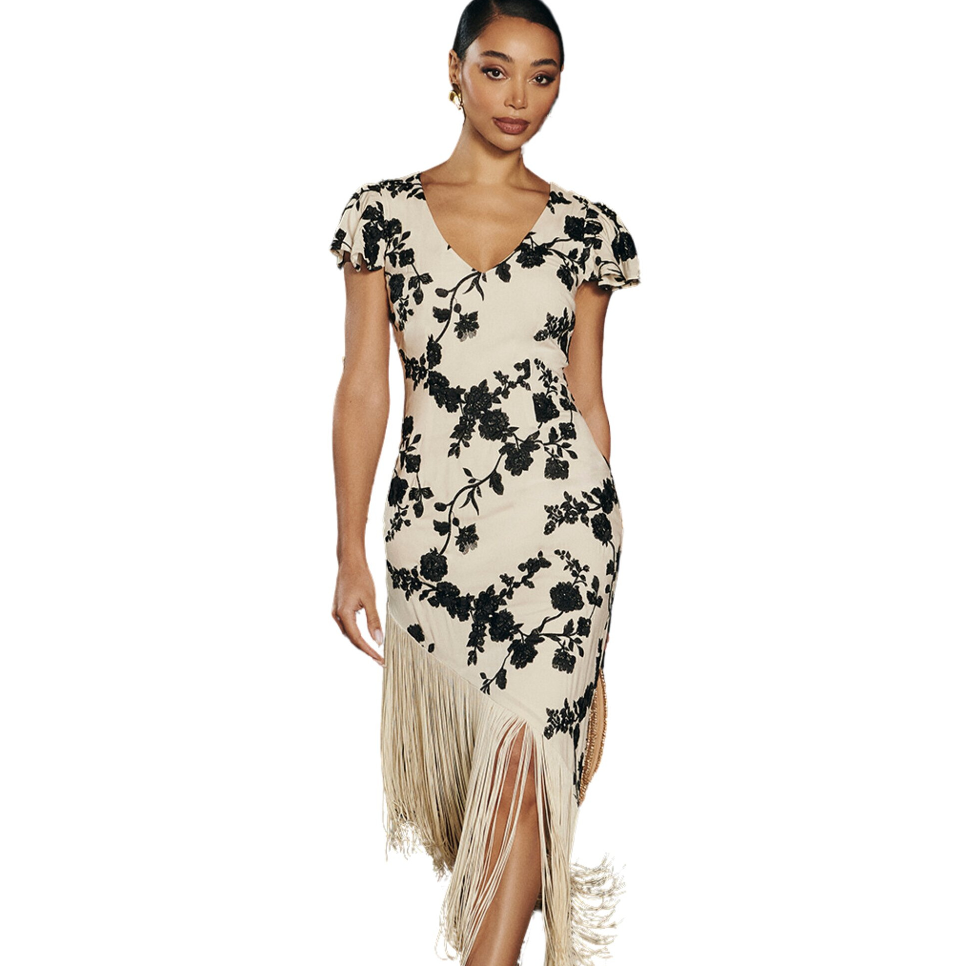 MIPHAI
Vestido midi con bordado floral y flecos