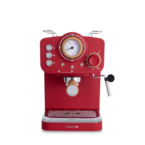CREATE / THERA RETRO/Cafetera Express Semiautomática rojo mate y madera / 20 bares, brazo doble salida, depósito 1,25L, café molido y monodosis ESE 55mm, con vaporizador, 1100W