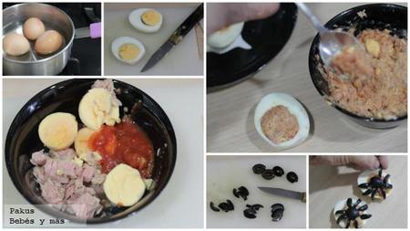 Huevos rellenos de arañas. Receta para Halloween