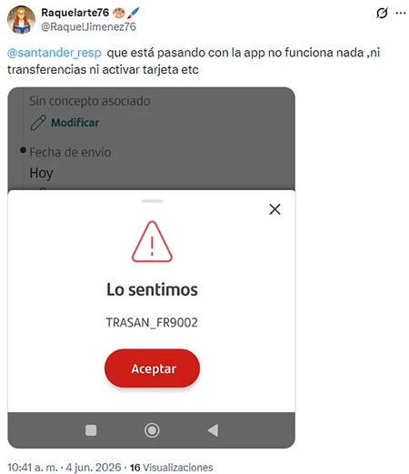 Pantalla del error en la app del Banco Santander