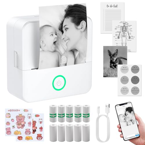 eSynic Mini Impresora para Movil, Impresora Fotográfica Portátil con 10 Rollos de Papel Mini Impresora Térmica Conexión Bluetooth Sin Tinta para Fotos, Diarios, Notas de Estudio