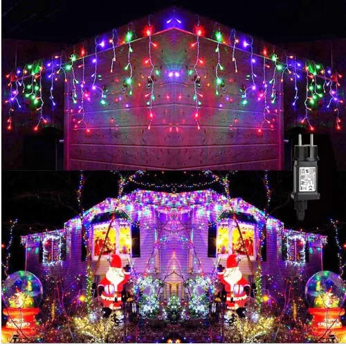 PhilzOps 240 LED Navidad Luces de Carámbano, Exterior Cortina de Luz 8 Modos Cadena de Hadas Decorativas Impermeables Guirnaldas Luces para Casa Jardín Habitación Patio Balcón Fiesta, Multicolor