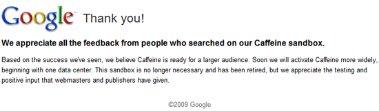 Google Caffeine: mensaje de agradecimiento