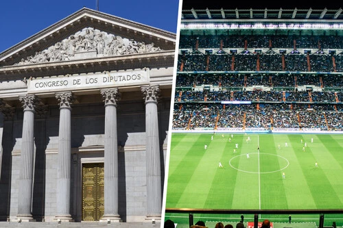 Composición con foto del Congreso de los Diputados e imagen de un campo de fútbol