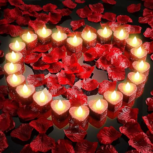 24 velas LED de corazón romántico brillante con 1200 piezas de pétalos de rosa artificiales