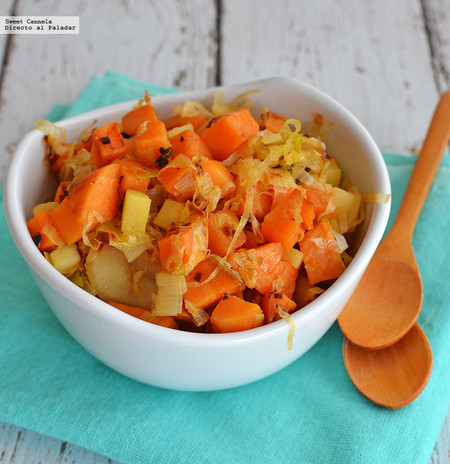 Ensalada de camote, manzana y poro. Receta saludable
