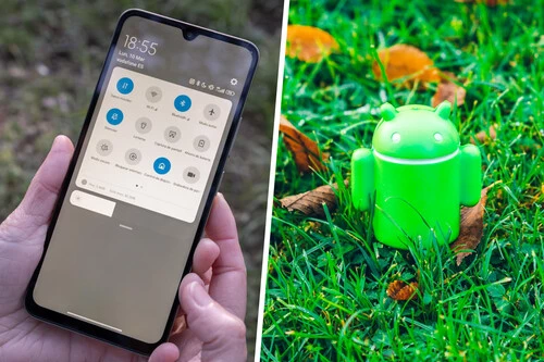 Composición con imagen de un móvil y foto del robot de Android