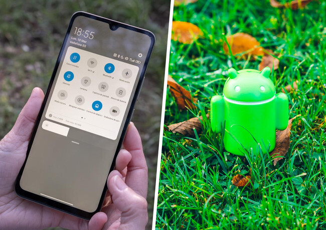 Composición con imagen de un móvil y foto del robot de Android