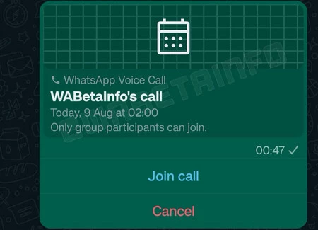 これは、WhatsApp グループにスケジュールされた通話がどのように表示されるかです。 WaBetaInfo からのキャプチャ