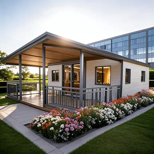 Pequeña casa prefabricada plegable con porche, dormitorio, baño y cocina