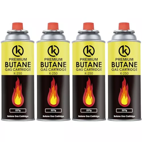 KROWN - Pack de Cartuchos de Gas Butano Recambio de Gas Propano Portable Gas Butano Compatible para Cocina Portátil, Hornillo, Soplete Soldador, Camping K-250 227gr (4 Unidades)