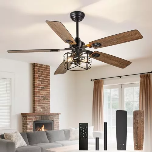 Depuley Ventiladores de techo de 52 pulgadas con luz: Ventiladores de techo con rejilla, acabado doble y 5 aspas - Ventilador de techo rústico con mando a distancia para exteriores de estilo rústico