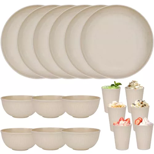 CSYY Juego de vajilla irrompible, juego de vajilla de plástico para acampar, para niños y adultos, juego combinado de vajilla para picnic con platos, reutilizable (18 piezas beige)
