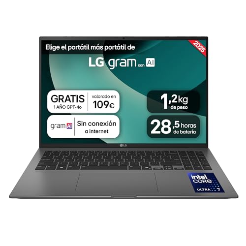 LG gram 16Z90TL-G.AU88B Ordenador Portátil 16 Pulgadas Intel Core Ultra7 258V, 32 GB RAM, 1TB SSD, Panel IPS Antirreflejo, WQXGA, 1.239 g, 28.5 Horas, Windows 11 Home, Negro, Teclado QWERTY Español