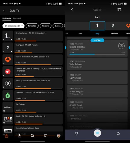 Izquierda, guía de Orange TV; derecha, la de Movistar Plus