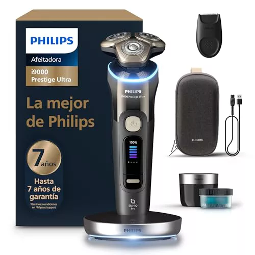 Philips i9000 Prestige Ultra, Afeitadora Eléctrica Hombre, Máquina de Afeitar Barba en Seco y Mojado, Tecnología SkinIQ Pro, Base de Carga, Recargable, Estuche Premium, Centro de limpieza, XP9405/31