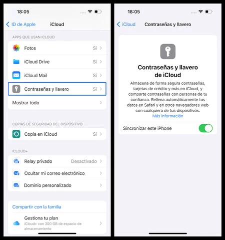 Capturas de pantalla mostrando los pasos a seguir para habilitar el llavero de iCloud