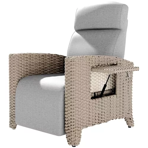 ONKBOITE Tumbona de Relax Ergonómica, Sillón de Ratán, Respaldo Ajustable, con Cojín Grueso, Adecuada para Interiores, Balcón, Jardín, Patio (Bordes de Ratán Marrón + Cojin de Gris)