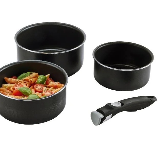 Juego de menaje de cocina de aluminio de 4 piezas, con mango extraíble.