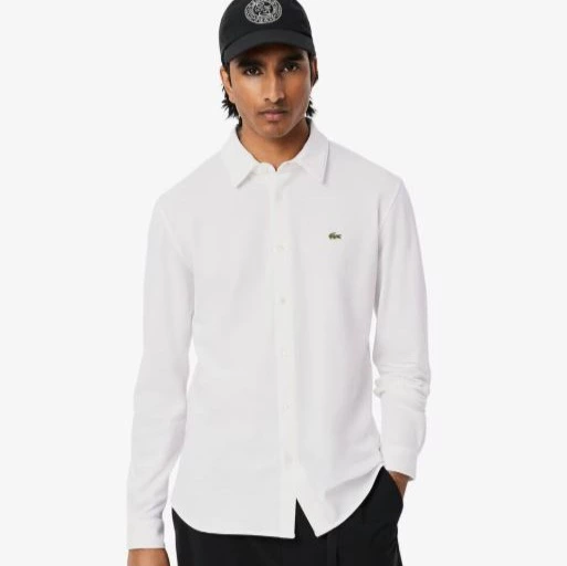 Camisa de hombre de piqué de algodón de corte ajustado en blanco de manga larga Blanco Lacoste

