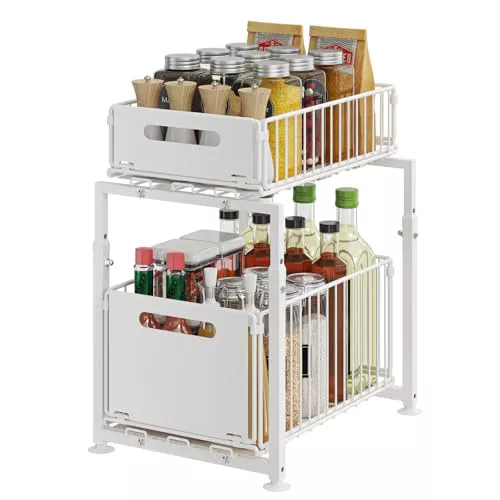 YunNasi Organizador de Cocina Almacenamiento bajo Fregadero de Metal | Organizador 2 Niveles Extraíble Estante para Especias (Blanco, Modelo-A)