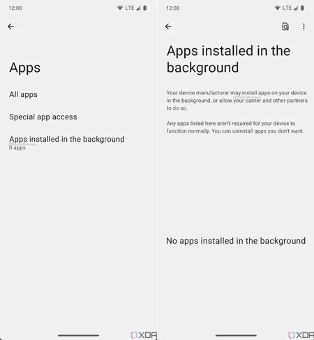 バックグラウンドでインストールされるアプリケーションの設定セクション。 XDA スクリーンショット