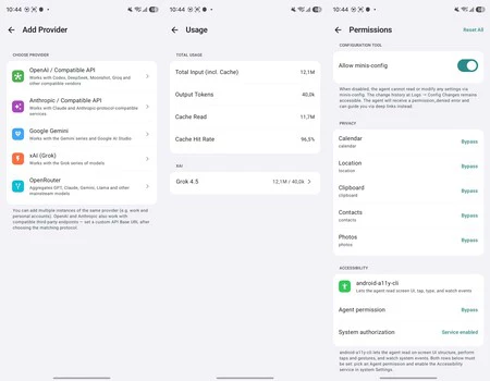 Proveedores disponibles, uso del seleccionado y permisos para OpenMinis