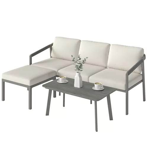 Outsunny Conjunto de Muebles Jardín Exterior de 3 Piezas Sofá Exterior Seccional Forma de L con Sofá de 3 Plazas Reposapiés Mesa Centro de Listones y Cojines de 10 cm para Terraza Patio Marrón y Beige
